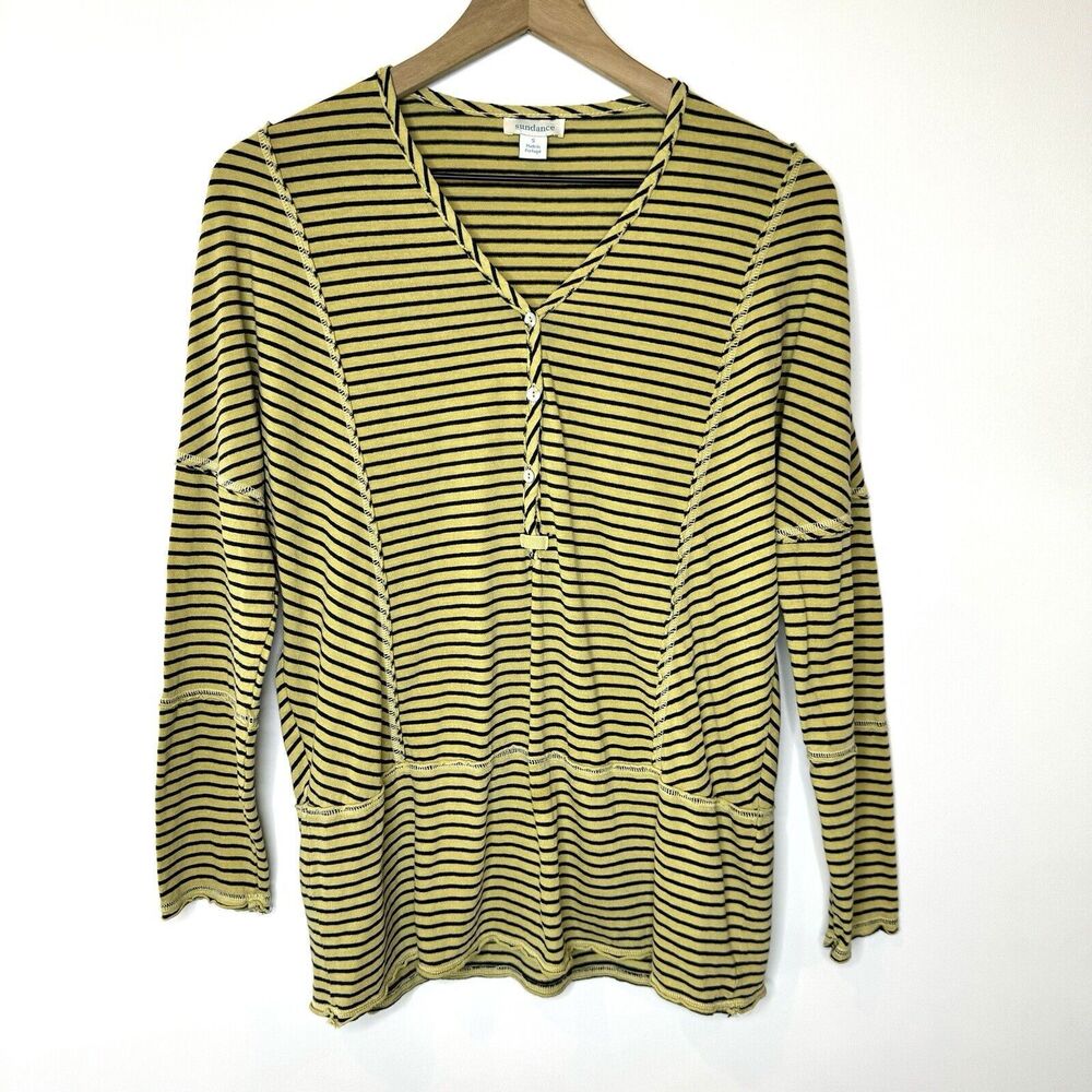 Sundance Striped Raw Edged Exposed Seam Henley Shirt Yellow and Black Size S